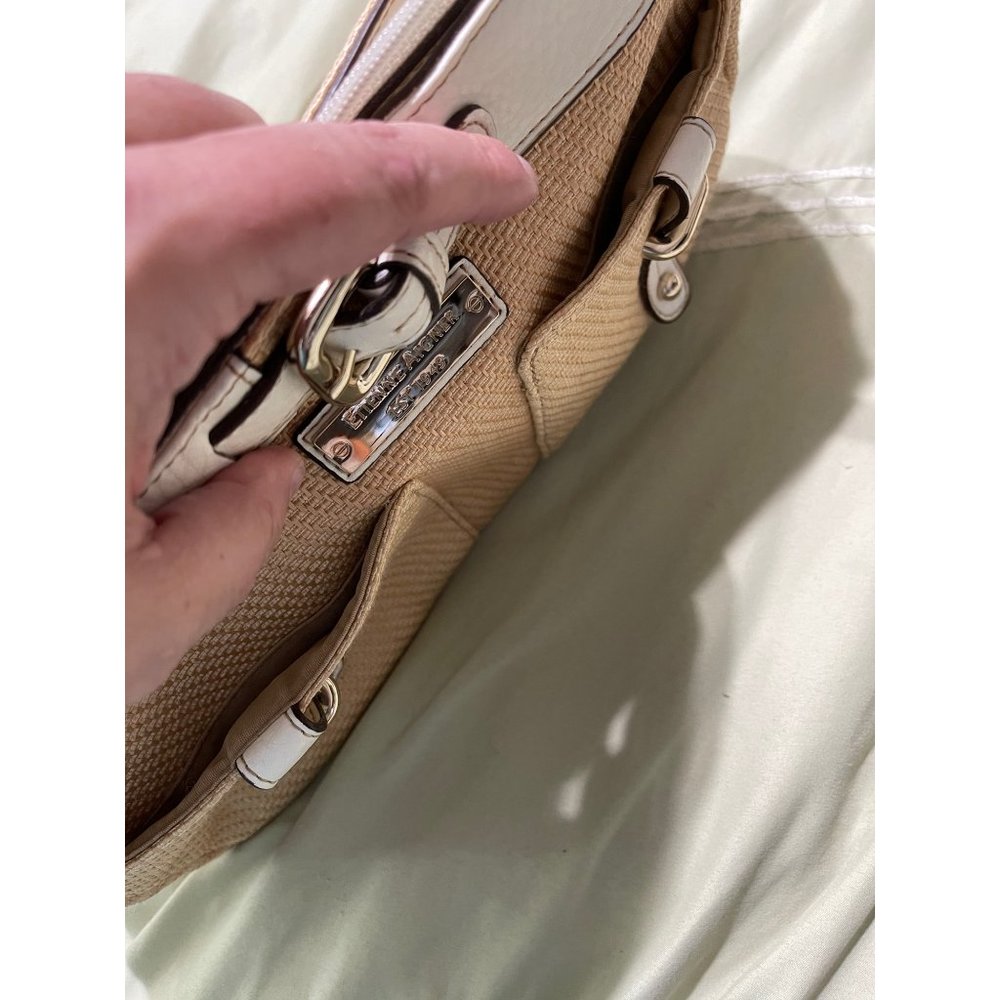 Etienne Aigner White Trimmed Tan Textured Purse - Picture 10 of 12